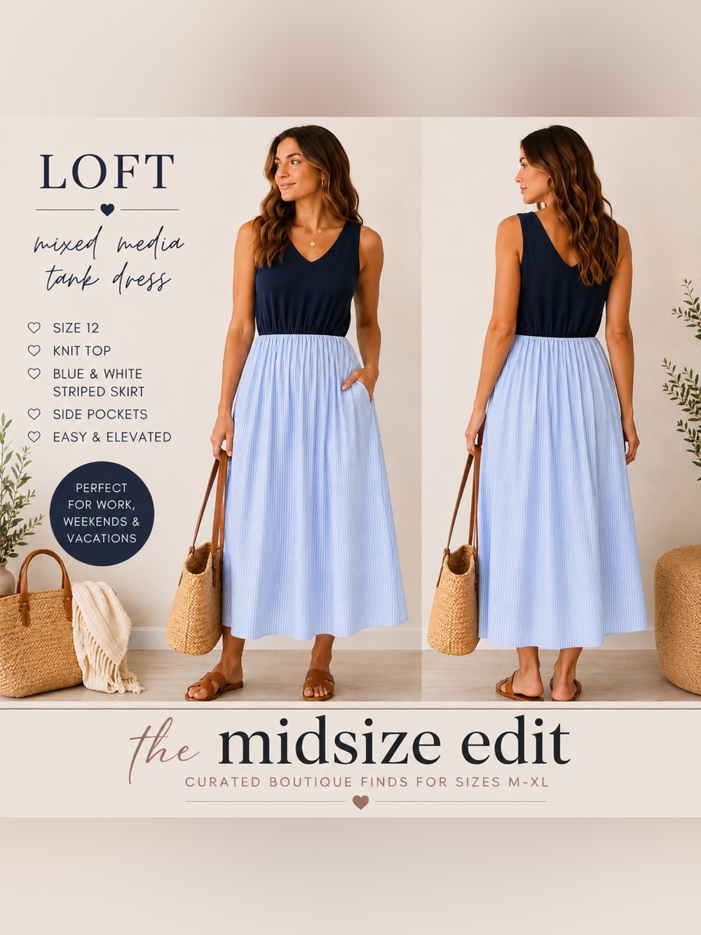 LOFT Mixed Media Tank Midi Dress | Size 12 | Navy Knit & Blue Stripe Poplin